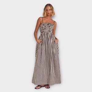 Black & White Striped Smocked Maxi Dress, Medium
